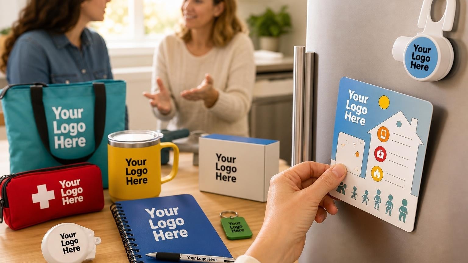 A custom refrigerator safety checklist magnet being placed on a family refrigerator.