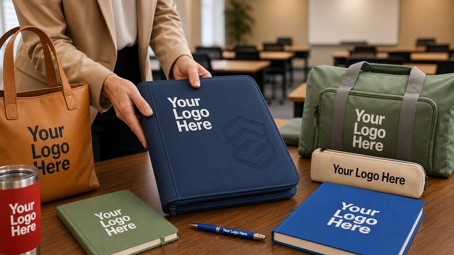 A professional navy blue zippered padfolio and metal pen on a wooden desk in a bank training room.