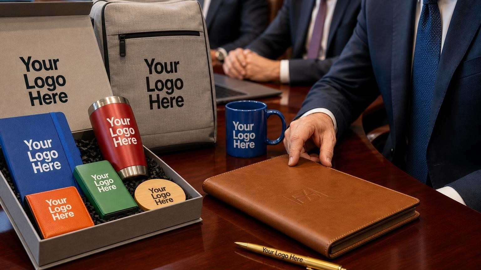 A luxury leather padfolio and brass pen on a mahogany boardroom table during a bank software kickoff meeting.