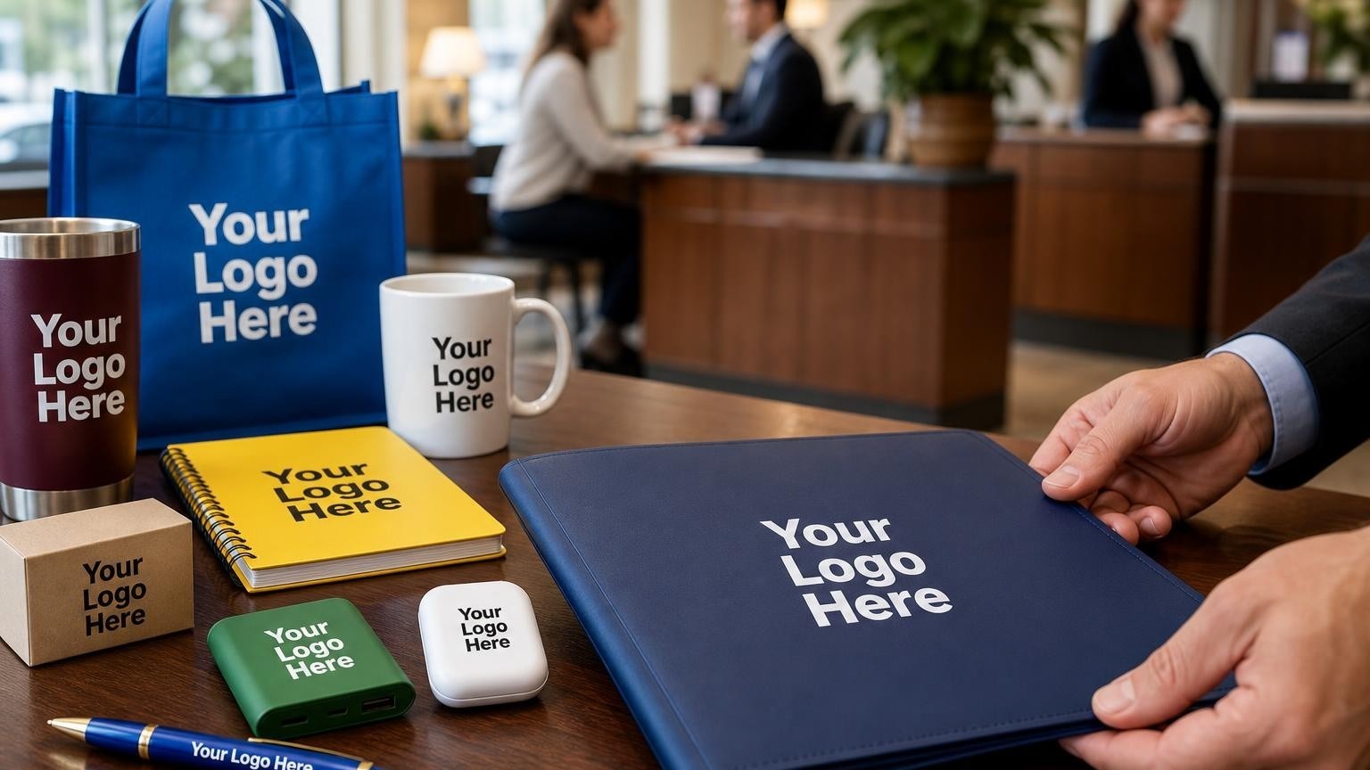 A structured navy blue document folder with a subtle debossed emblem and a heavy brass pen on a polished dark wood desk inside a community bank branch.