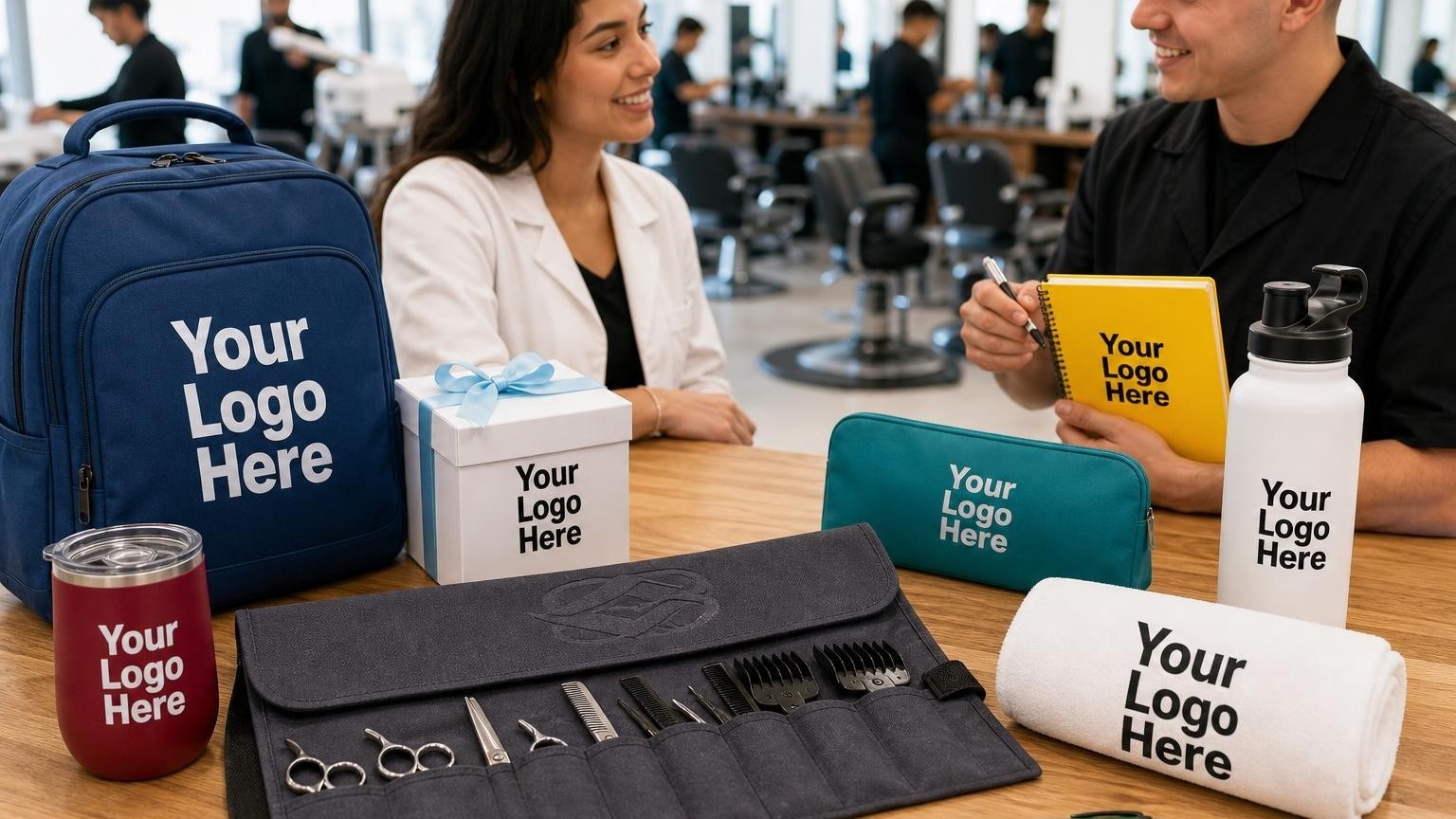 A custom-branded heavy-duty canvas tool roll unrolled on a wooden station in a modern barber school, showing professional shears and guards.