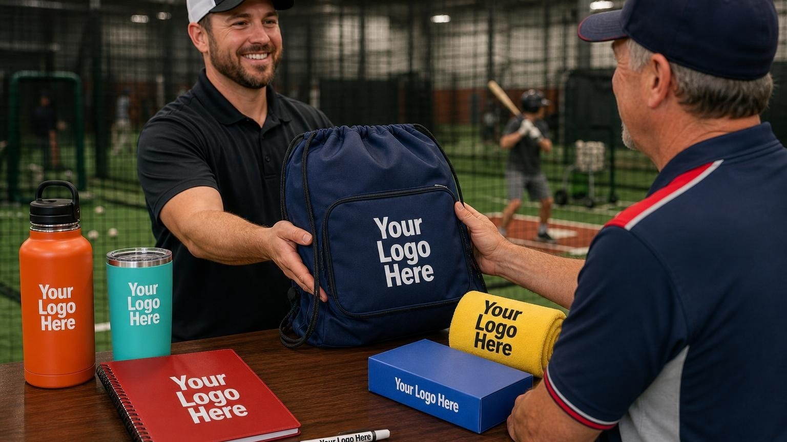 A custom navy drawstring gear bag on a counter inside a batting cage facility with blurred hitting lanes in the background.