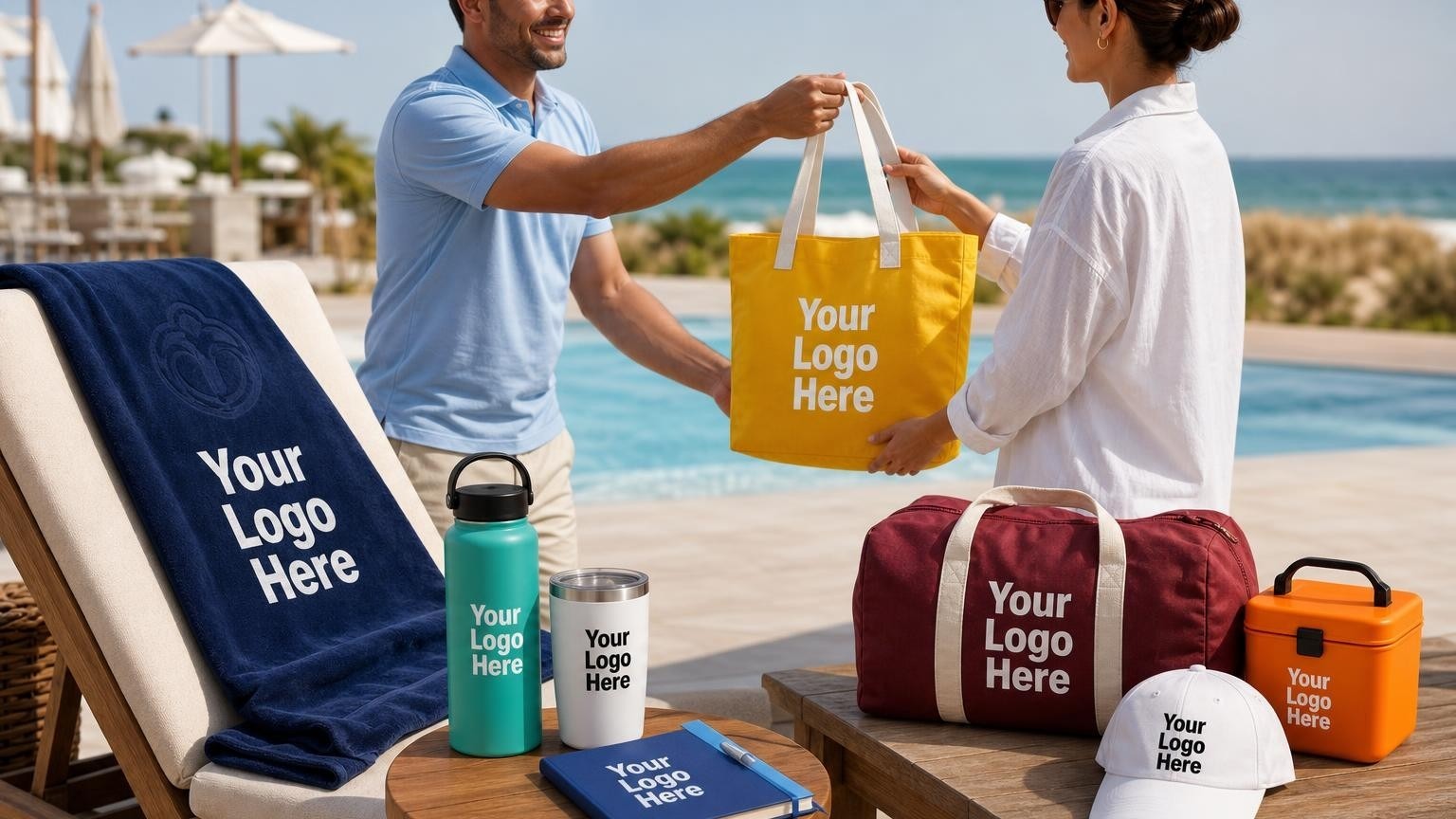 A custom embroidered navy beach towel draped over a teak lounge chair poolside at a luxury beach club, with a valet placing an insulated water bottle on a side table.
