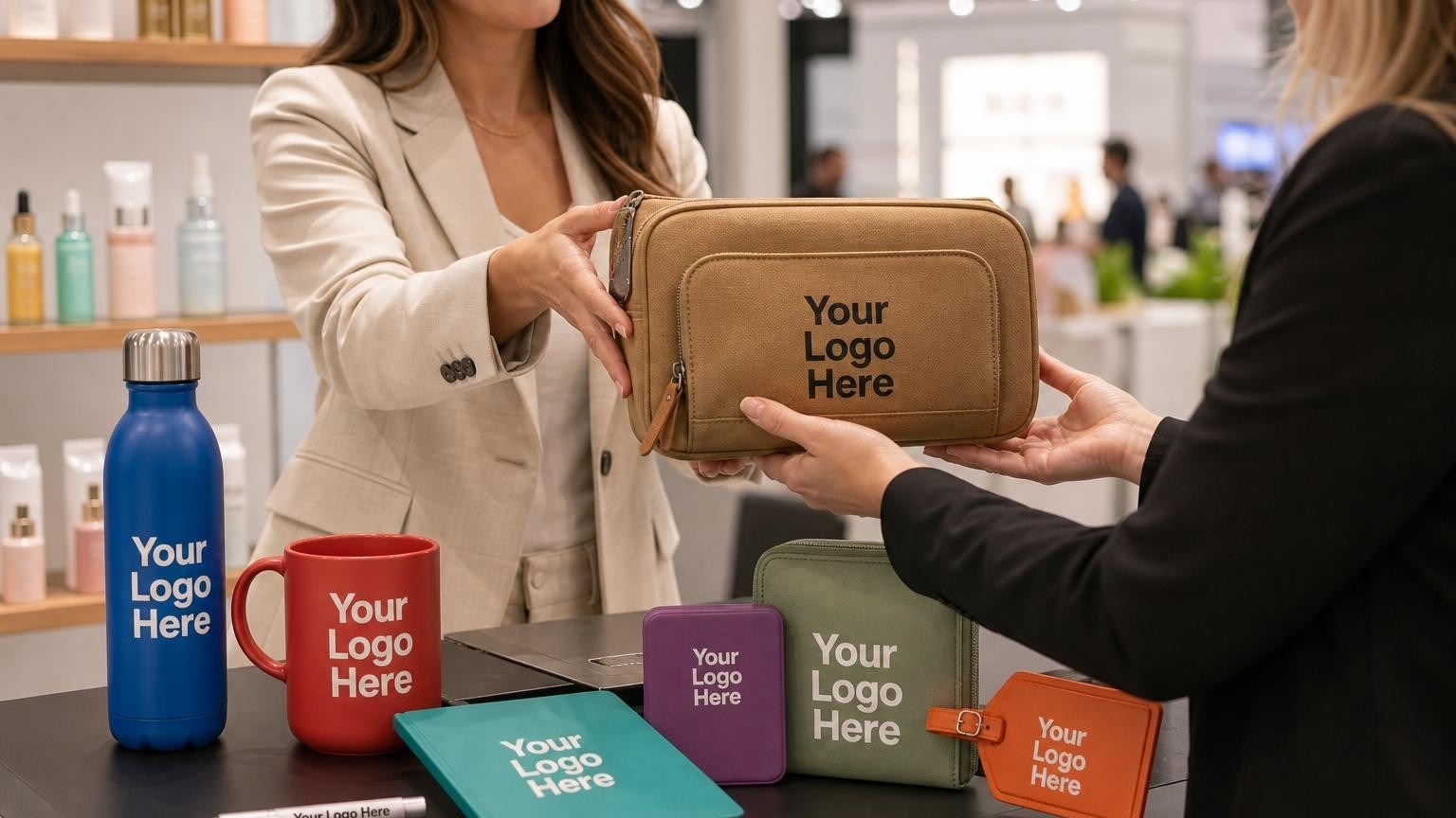 A custom canvas cosmetic bag being presented to a retail buyer at a beauty trade show booth.