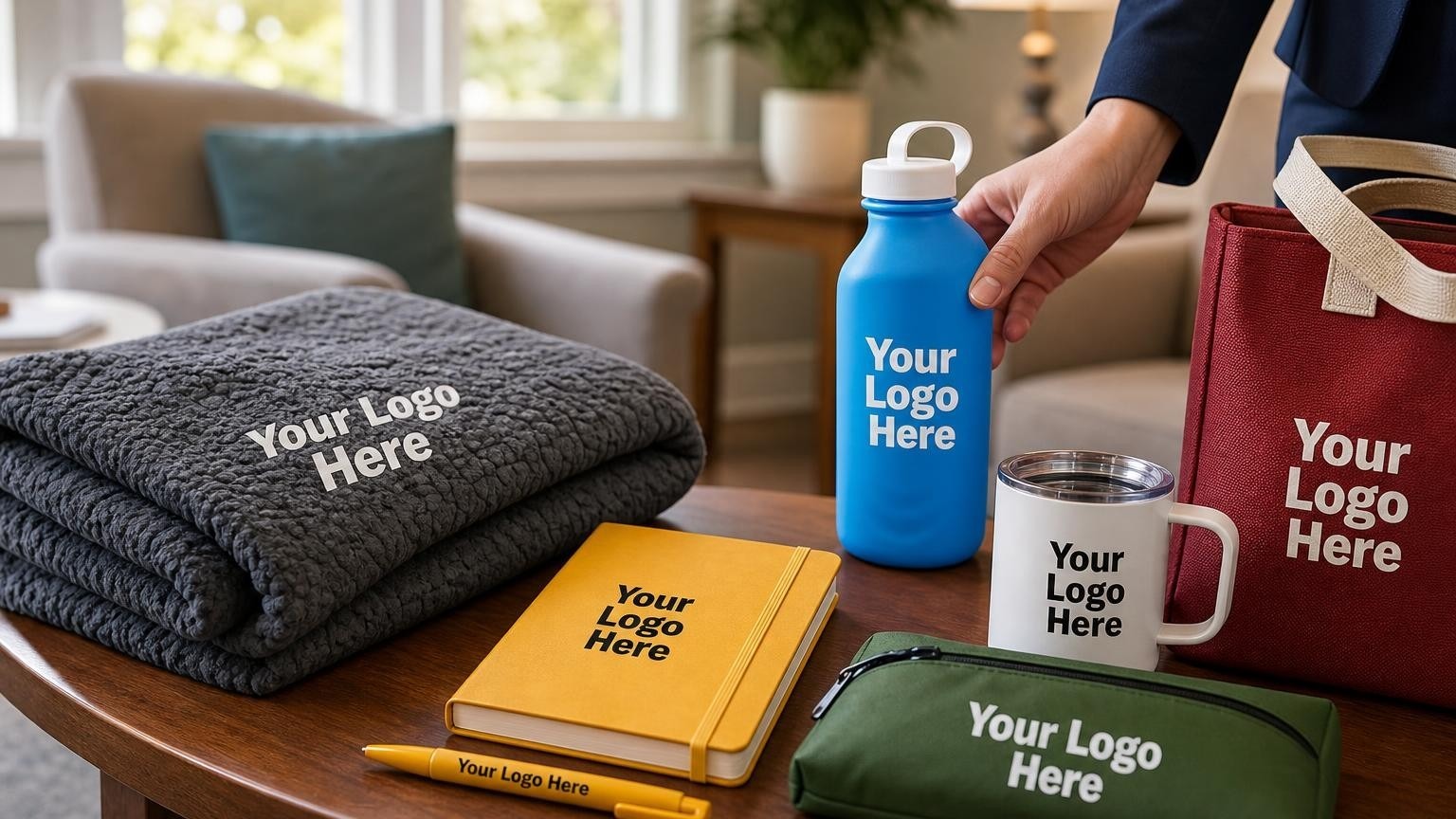A safe patient welcome kit featuring a soft blanket, thread-bound journal, and silicone water bottle on a side table in a behavioral health intake office.