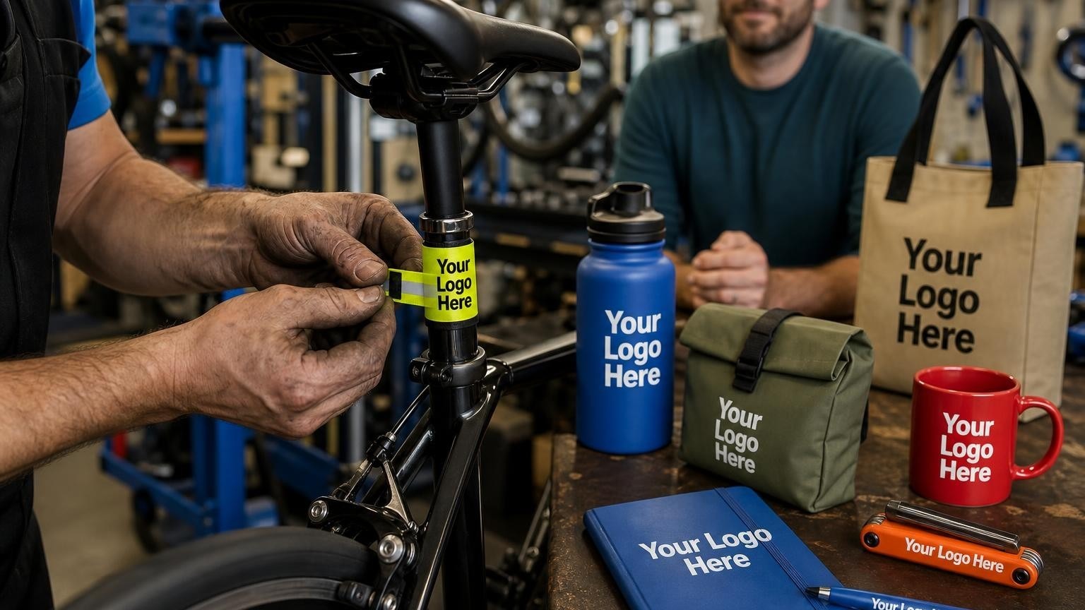 A mechanic attaching a custom-branded reflective safety band to a bicycle seatpost in a workshop.