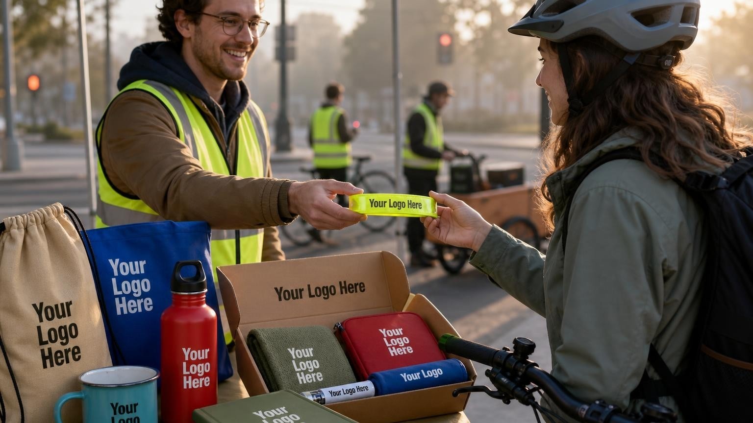 A volunteer handing a high-visibility reflective ankle band to a bicycle commuter at a morning pit-stop station.