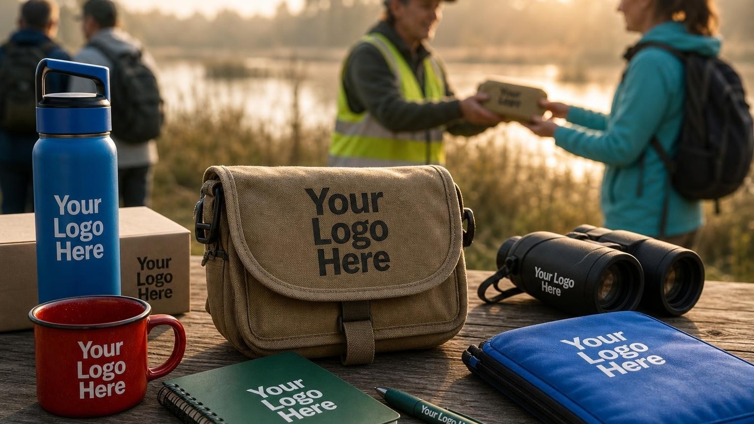 A custom canvas field pouch and weather-resistant notebook resting on a wooden trailhead bench at dawn during a birding club excursion.