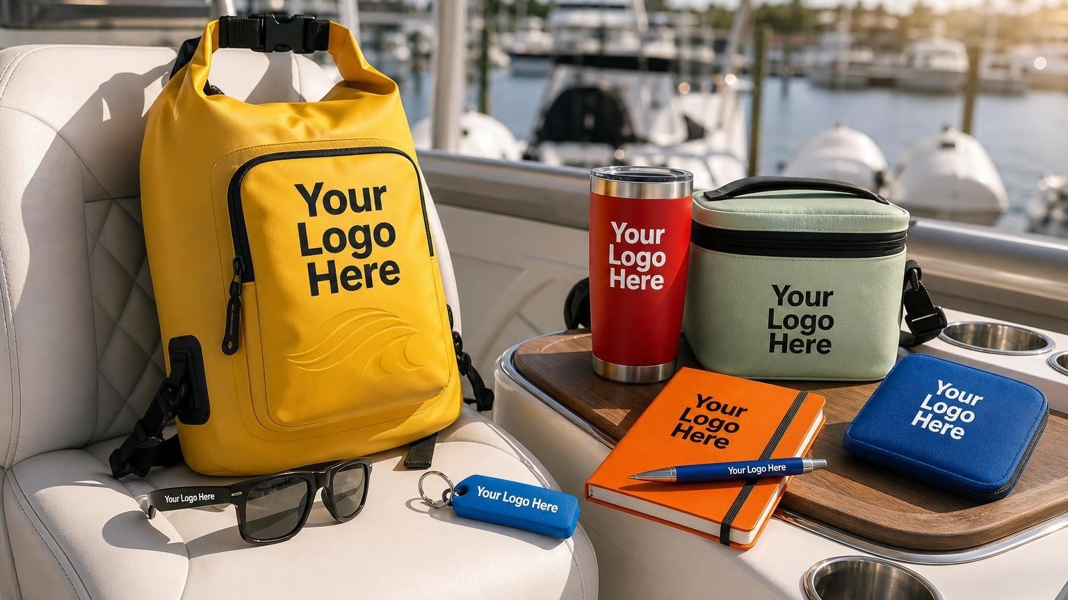 A custom waterproof dry bag, polarized sunglasses, and a floating key strap resting on the captain's chair of a center console boat at a marina.