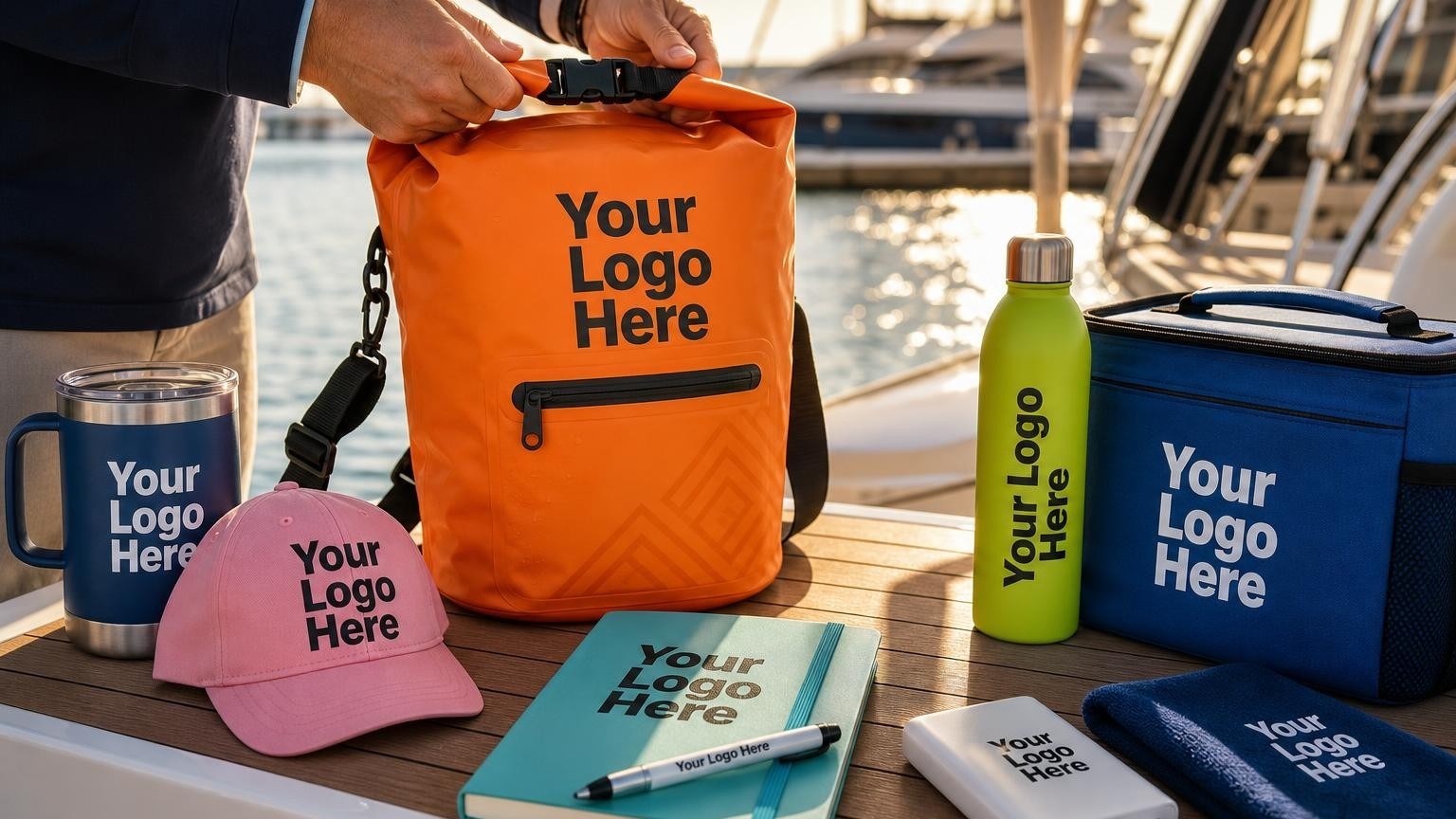 A high-end safety orange dry bag with a subtle custom emblem resting on the teak deck of a luxury boat at a marina.