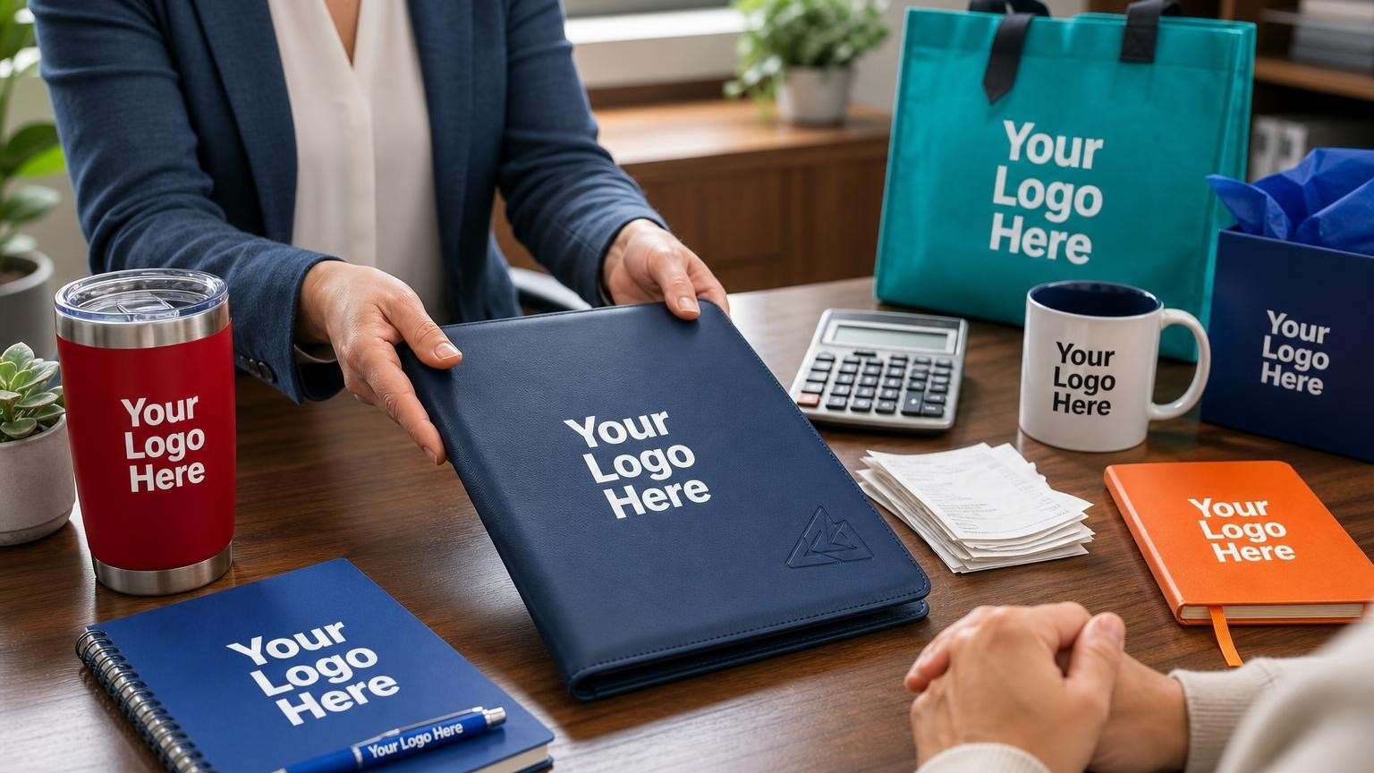 A custom navy blue padfolio being handed over on a bookkeeping office desk next to a calculator and receipts.