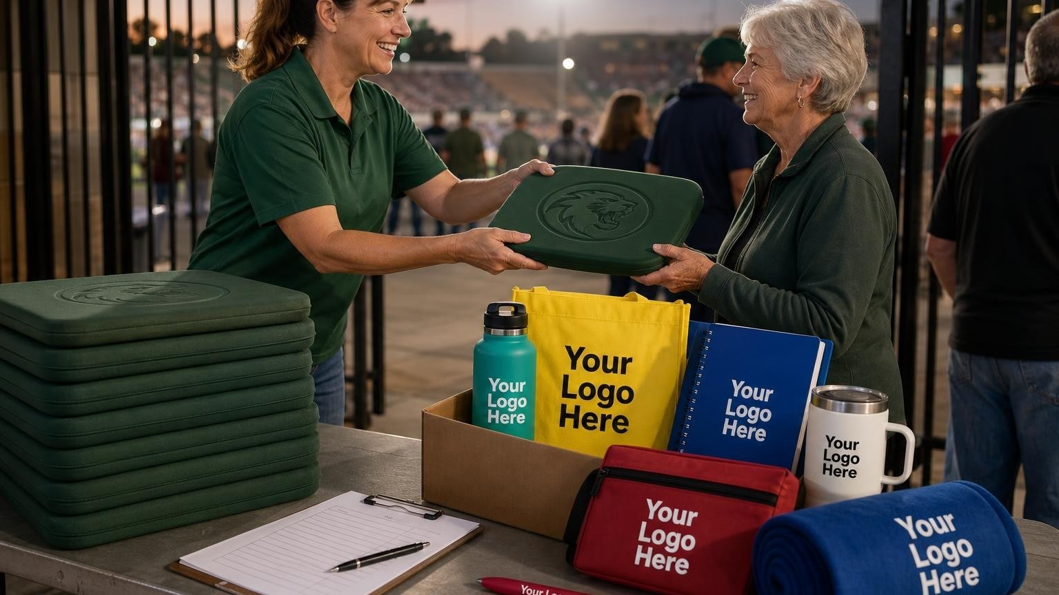 A volunteer coordinator handing a custom-branded green foam seat cushion to a spectator at a stadium gate on game night.