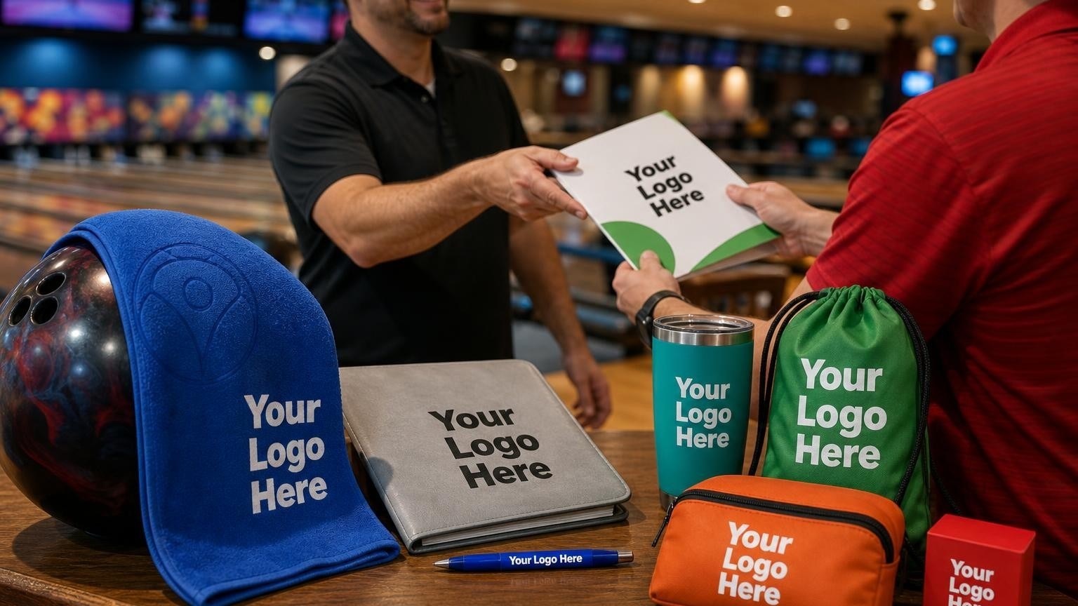 A custom microfiber bowling towel draped over a bowling ball on a lane console, with a league registration scene blurred in the background.