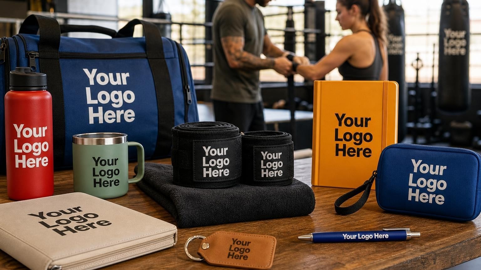 Custom-branded athletic hand wraps resting on a boxing ring canvas during a morning training session.