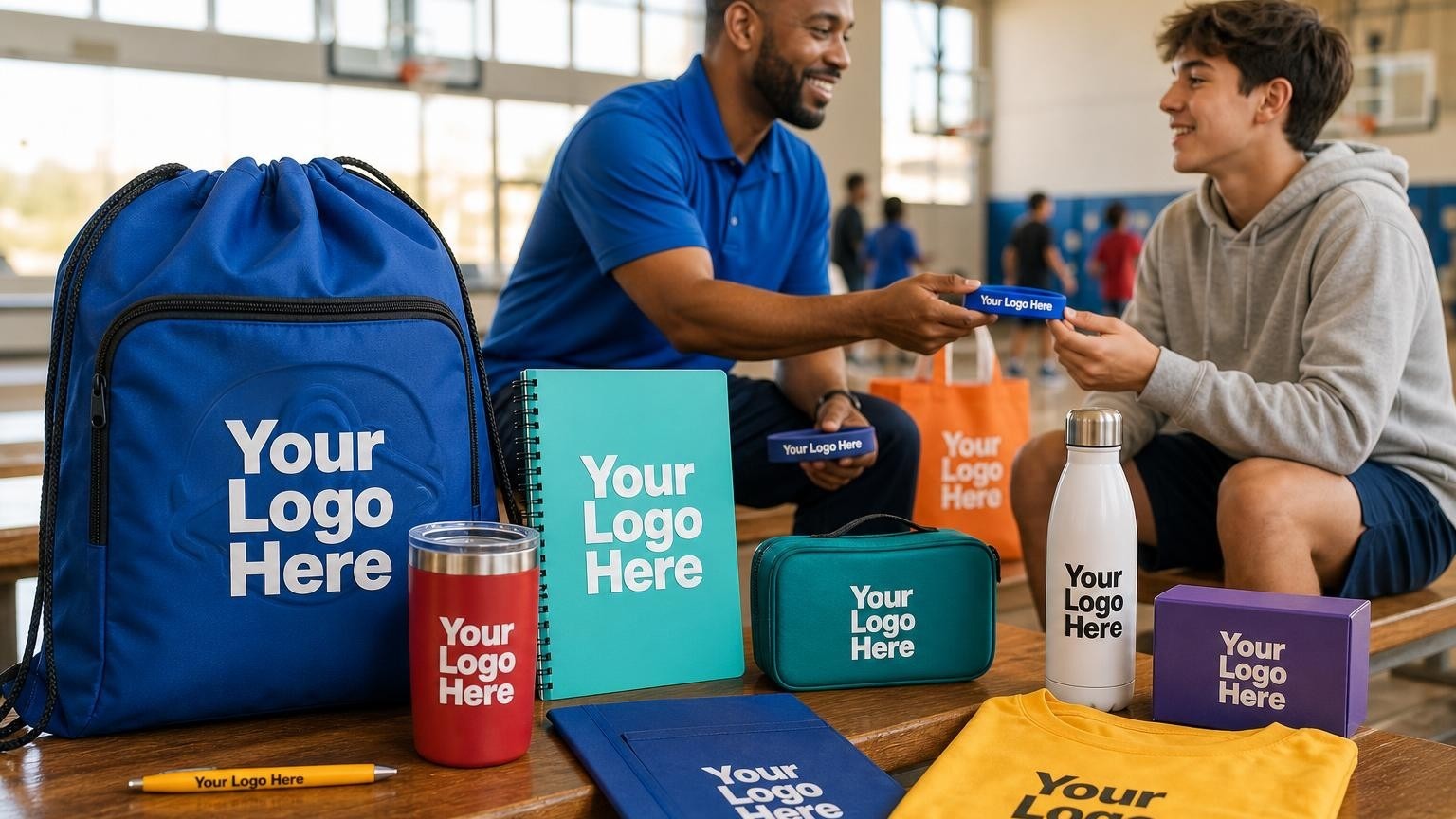 A custom royal blue drawstring bag and silicone wristband inside a bright gymnasium, representing youth welcome gear.