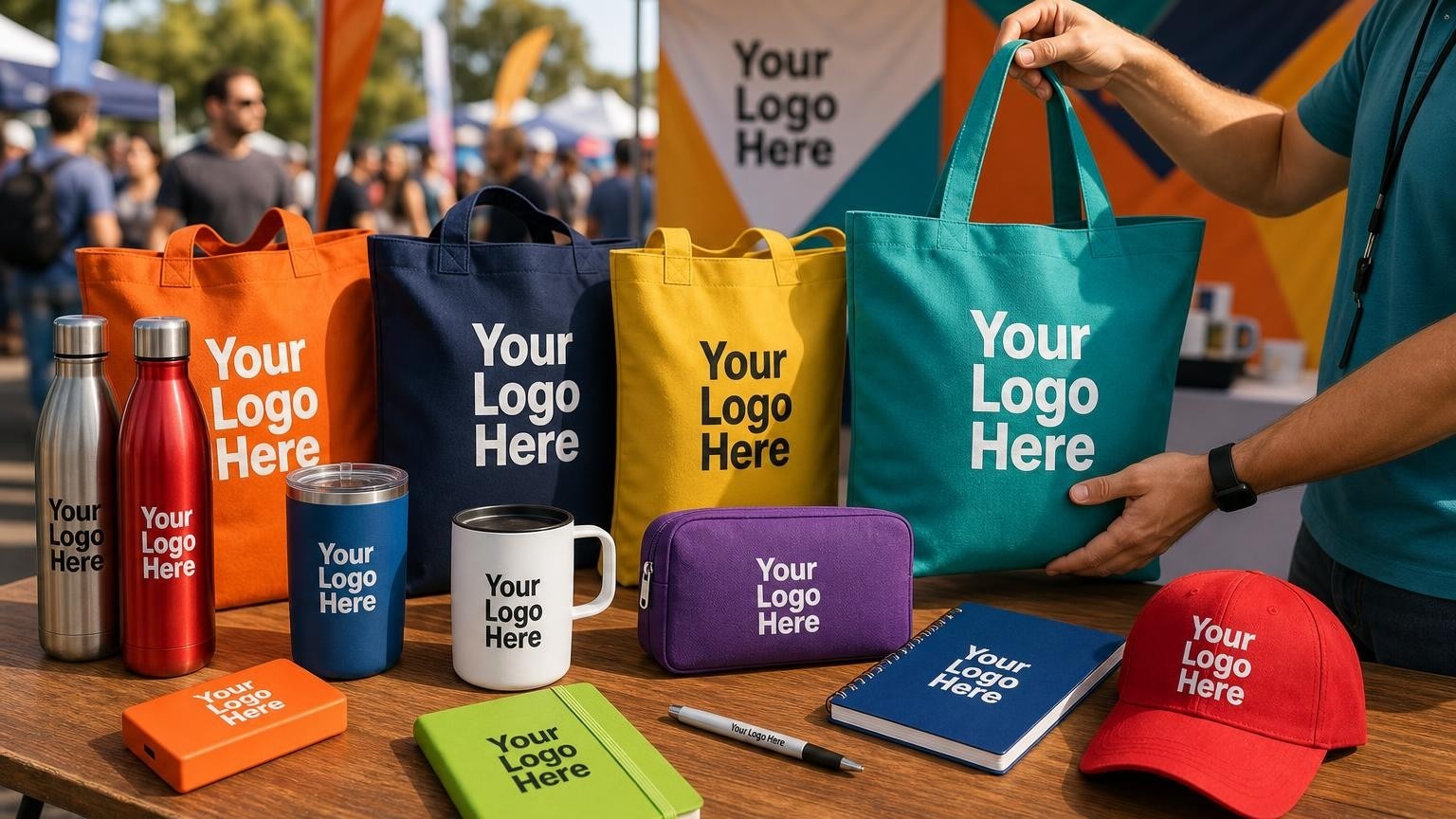 Custom promotional tote bags and insulated water bottles prepared for a brand ambassador activation at an outdoor festival.