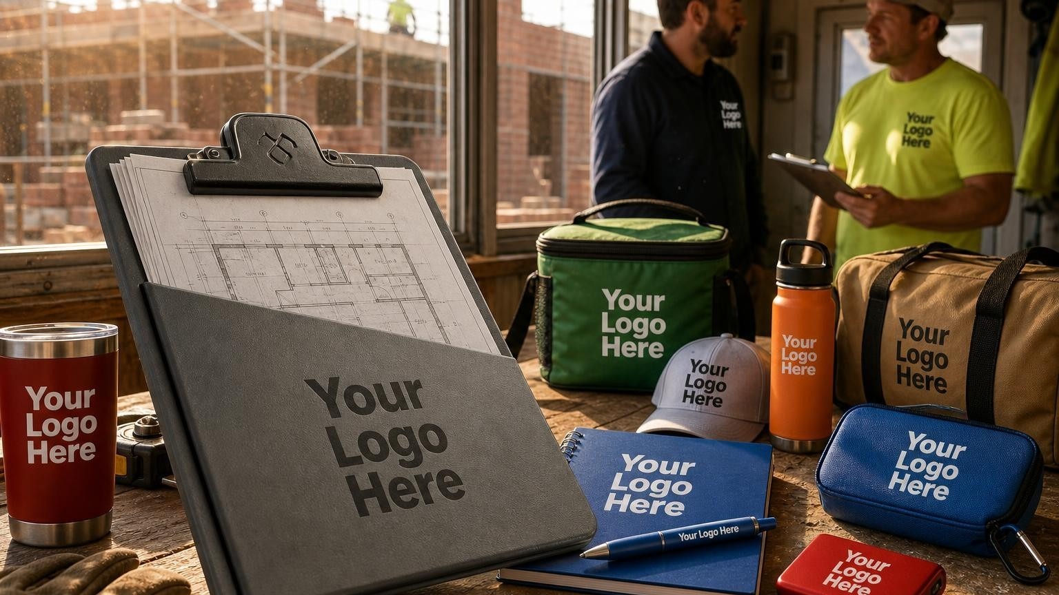 A rugged custom storage clipboard holding blueprints on a workbench inside a masonry field trailer, with a blurred commercial bricklaying site visible in the background.