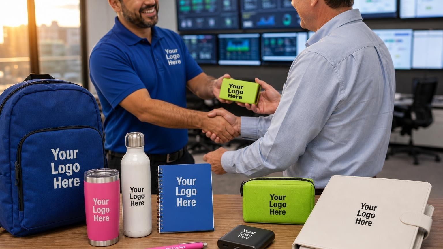 A custom-branded power bank and system closeout folder on a desk in a commercial building control room.