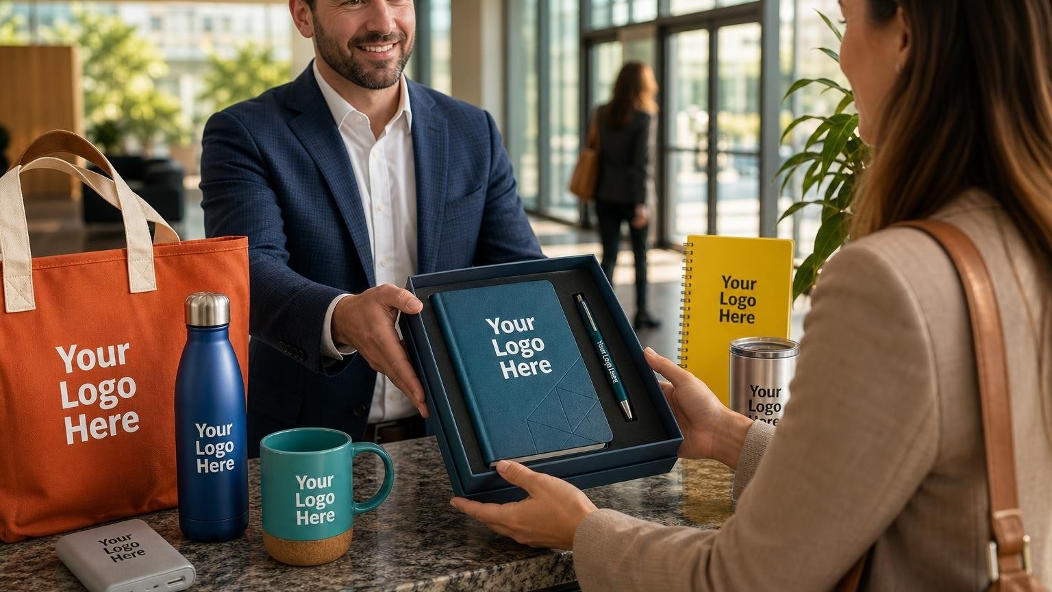 A property manager handing a high-end boxed gift set to a corporate tenant at a granite reception desk in a commercial office lobby.