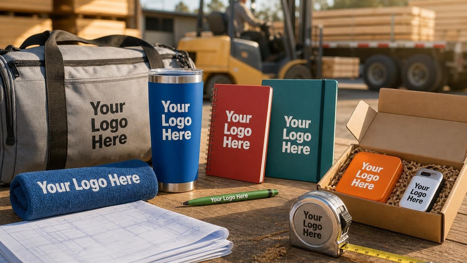 A custom steel-cased tape measure resting on a pro-desk counter with a lumberyard blurred in the background.