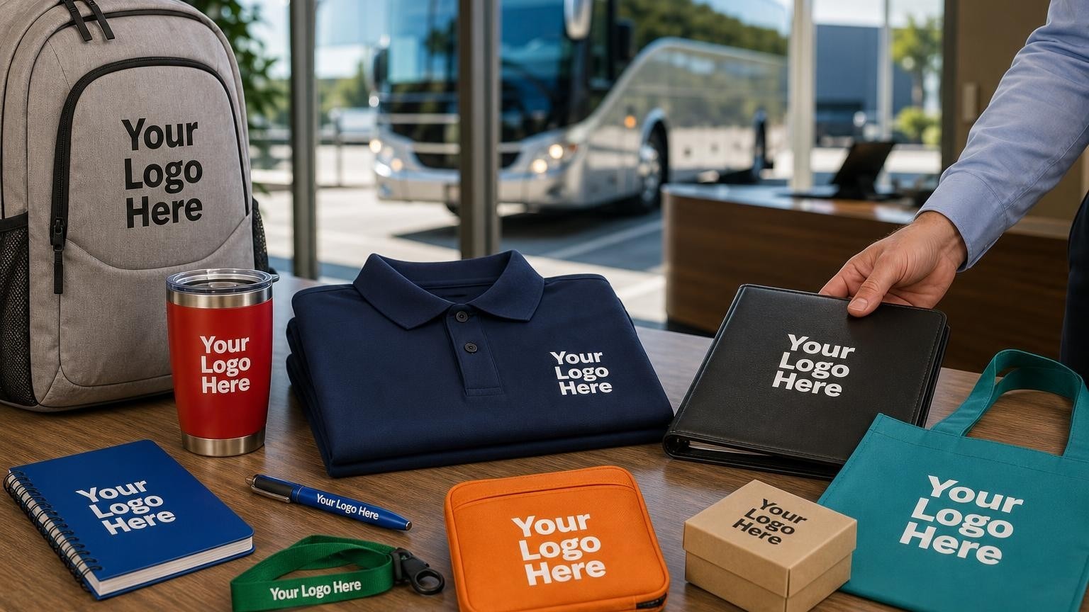 A structured navy blue polo shirt with a subtle custom emblem folded on a counter inside a bus charter depot lobby, with a motorcoach blurred in the background.