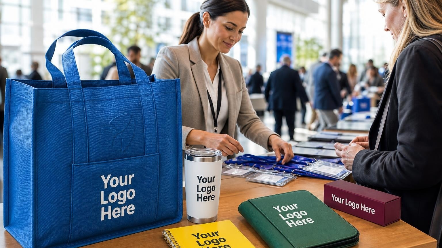 A heavy-duty non-woven tote bag and lanyards arranged on a wooden counter at a convention center registration desk during pre-show setup.