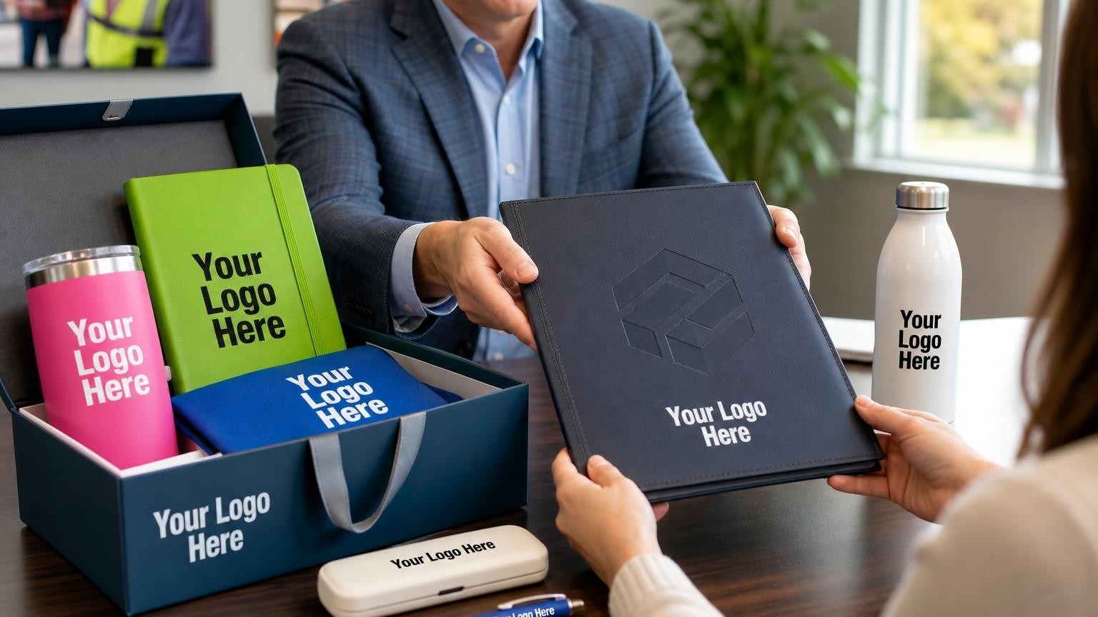 A professional insurance producer hands a custom policy document folder to a commercial client across a wooden conference table.