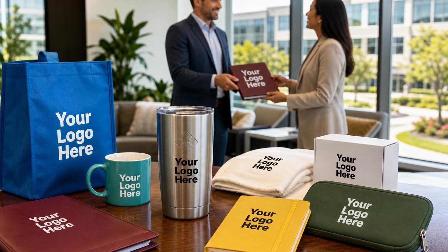 A high-quality custom tumbler on an executive desk inside a modern corporate office overlooking a business park campus.