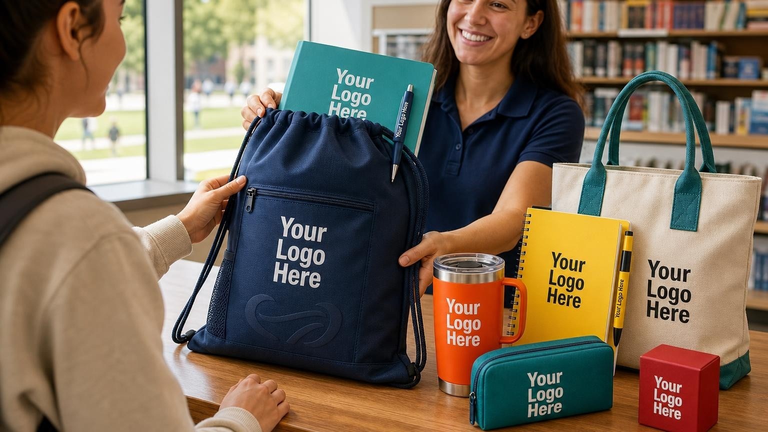 A custom navy blue drawstring bag being handed to a college student at a campus bookstore counter.