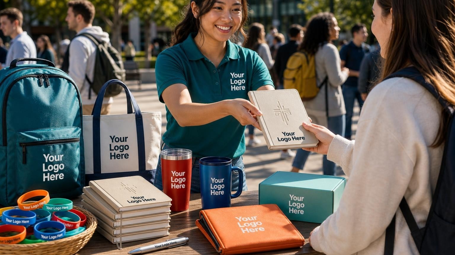 Custom-printed journals and silicone wristbands on an outdoor campus plaza table during a student outreach event.