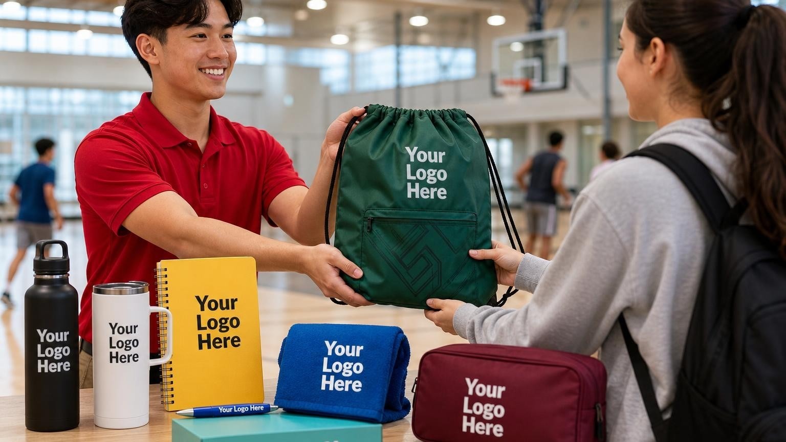 A custom forest green drawstring gym pack and sports water bottle on a checkout counter at a campus recreation center with a basketball court blurred in the background.