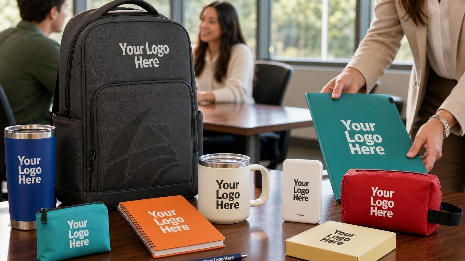 A premium custom laptop backpack and notebook prepared on an interview table in a university career center, representing high-utility campus recruiting promotional products.