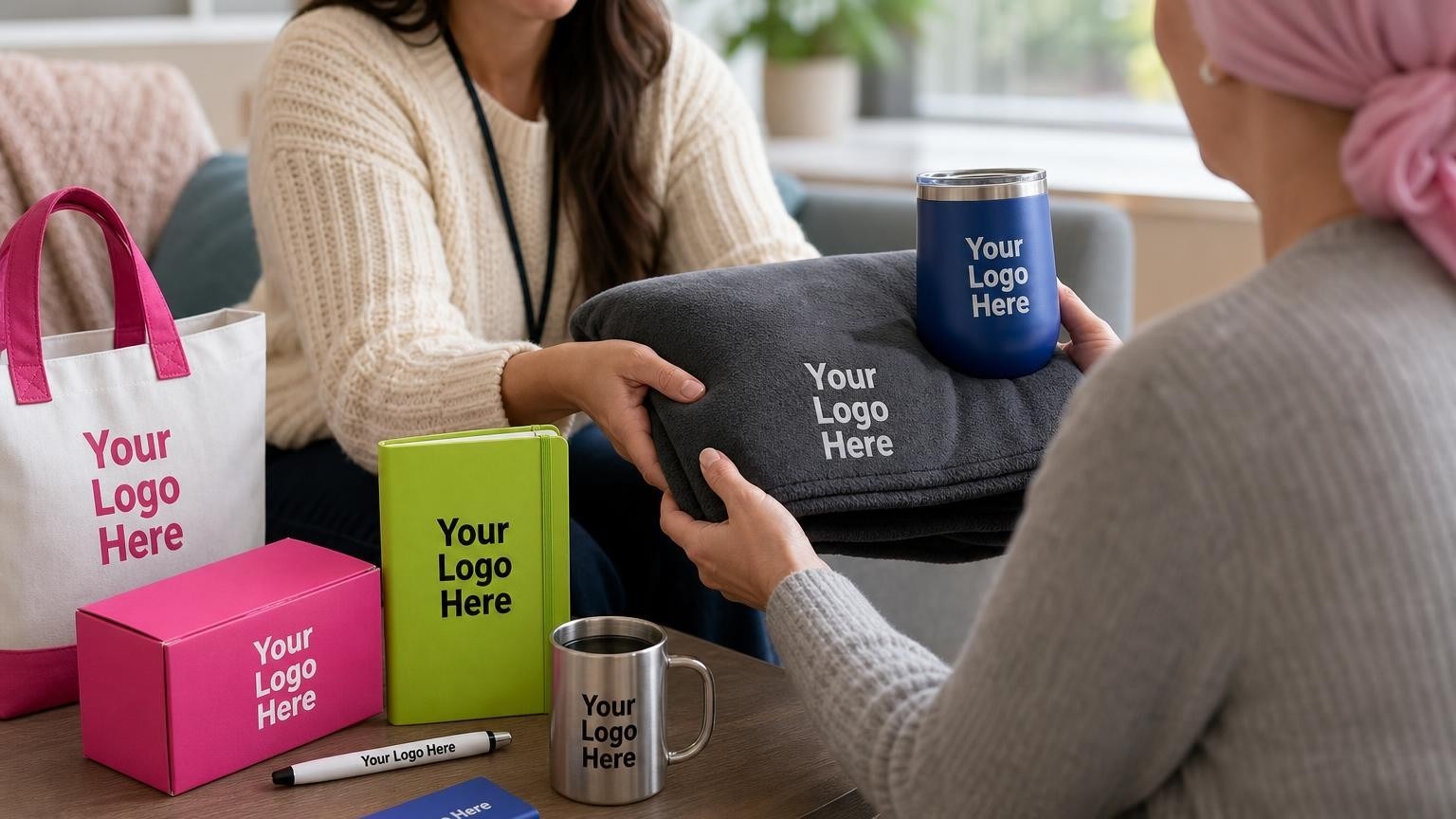 A custom fleece blanket and insulated tumbler being handed to a patient in a warm, supportive consultation room.