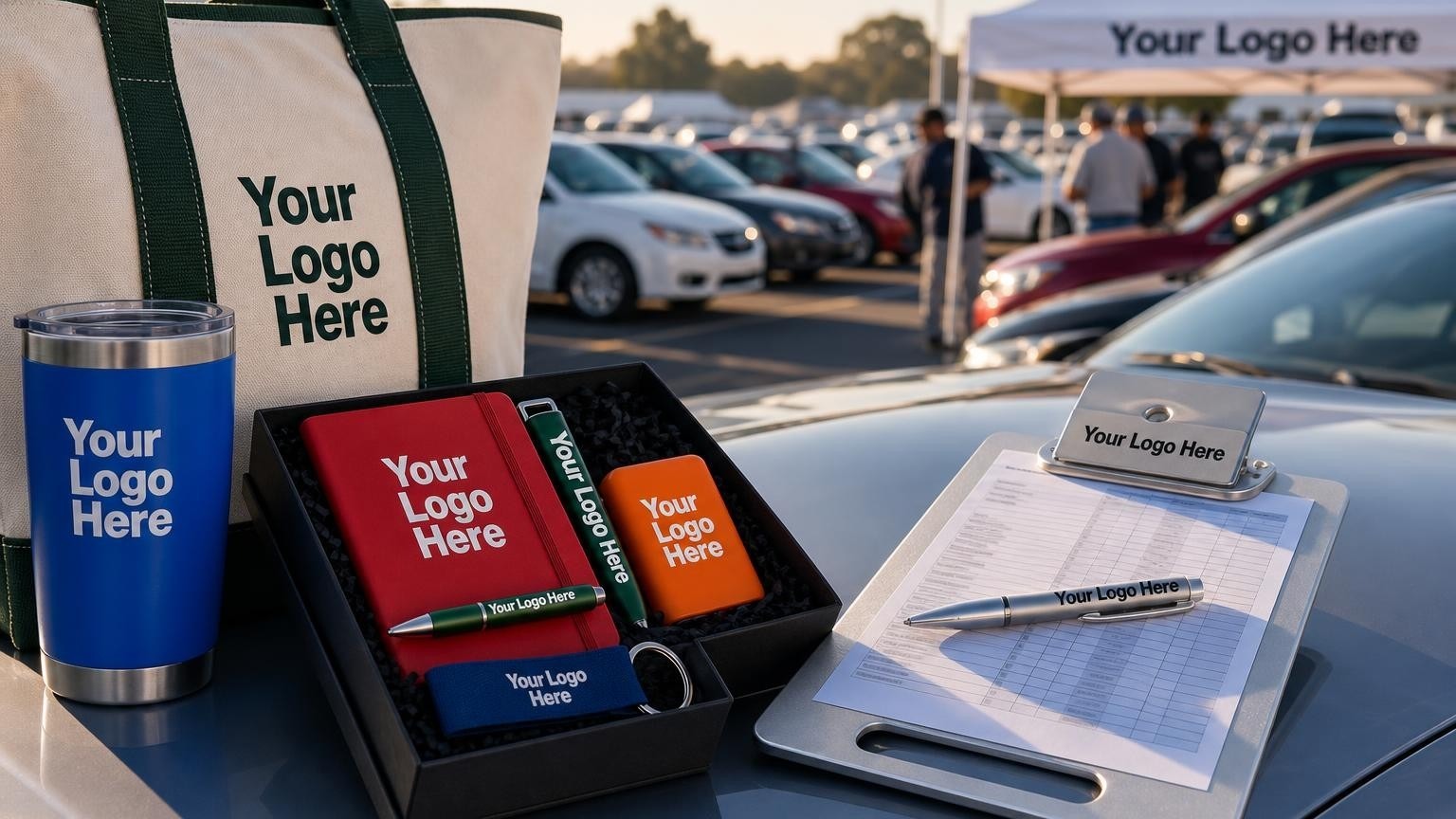 A custom metal pen and durable clipboard resting on a vehicle hood in a car auction lane.