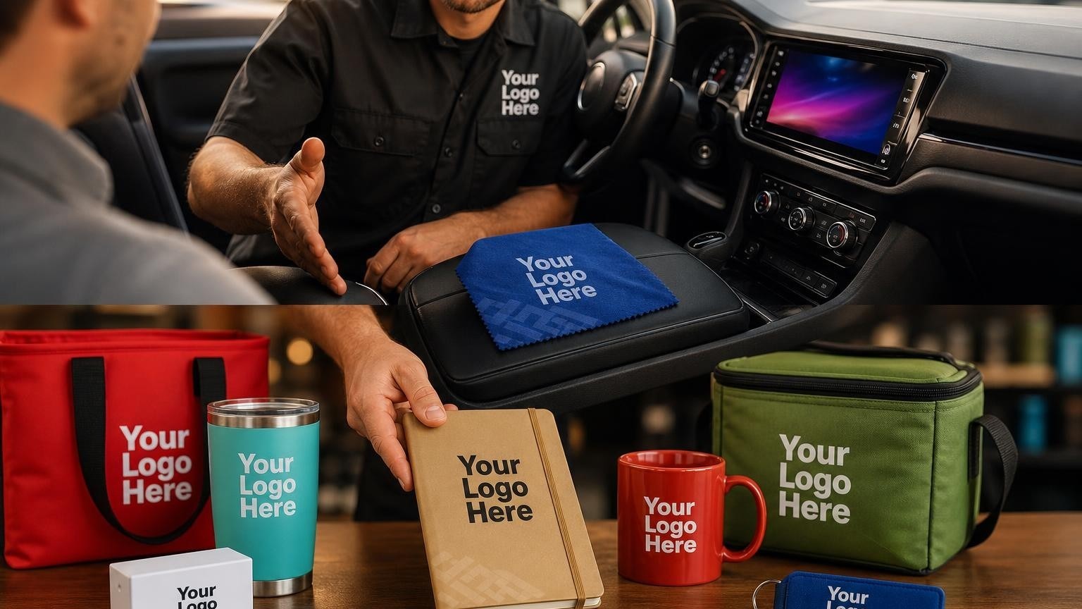 A custom microfiber cleaning cloth placed on a vehicle's center console after a professional car audio installation.