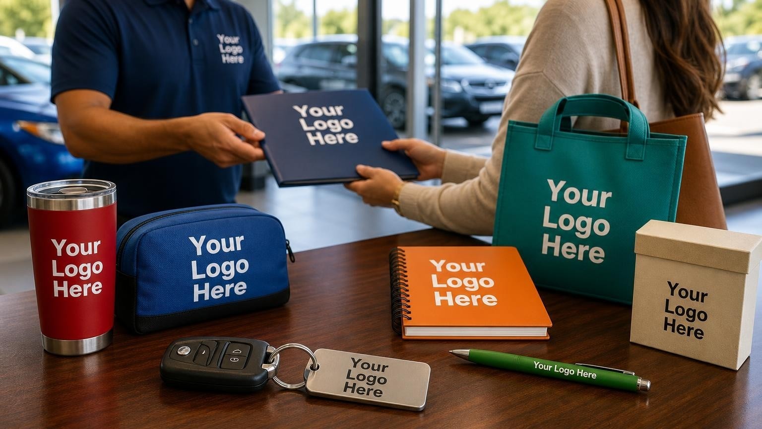A heavy-duty metal key tag with a subtle debossed emblem on a car rental counter, with an agent handing a rental agreement to a customer in the background.