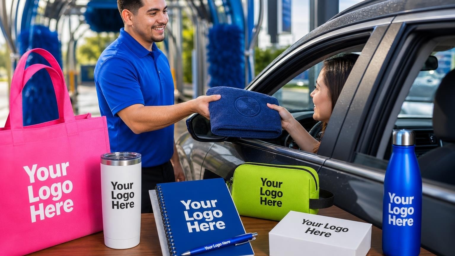 A professional car wash attendant handing a plush microfiber detailing towel to a driver at the pay station.