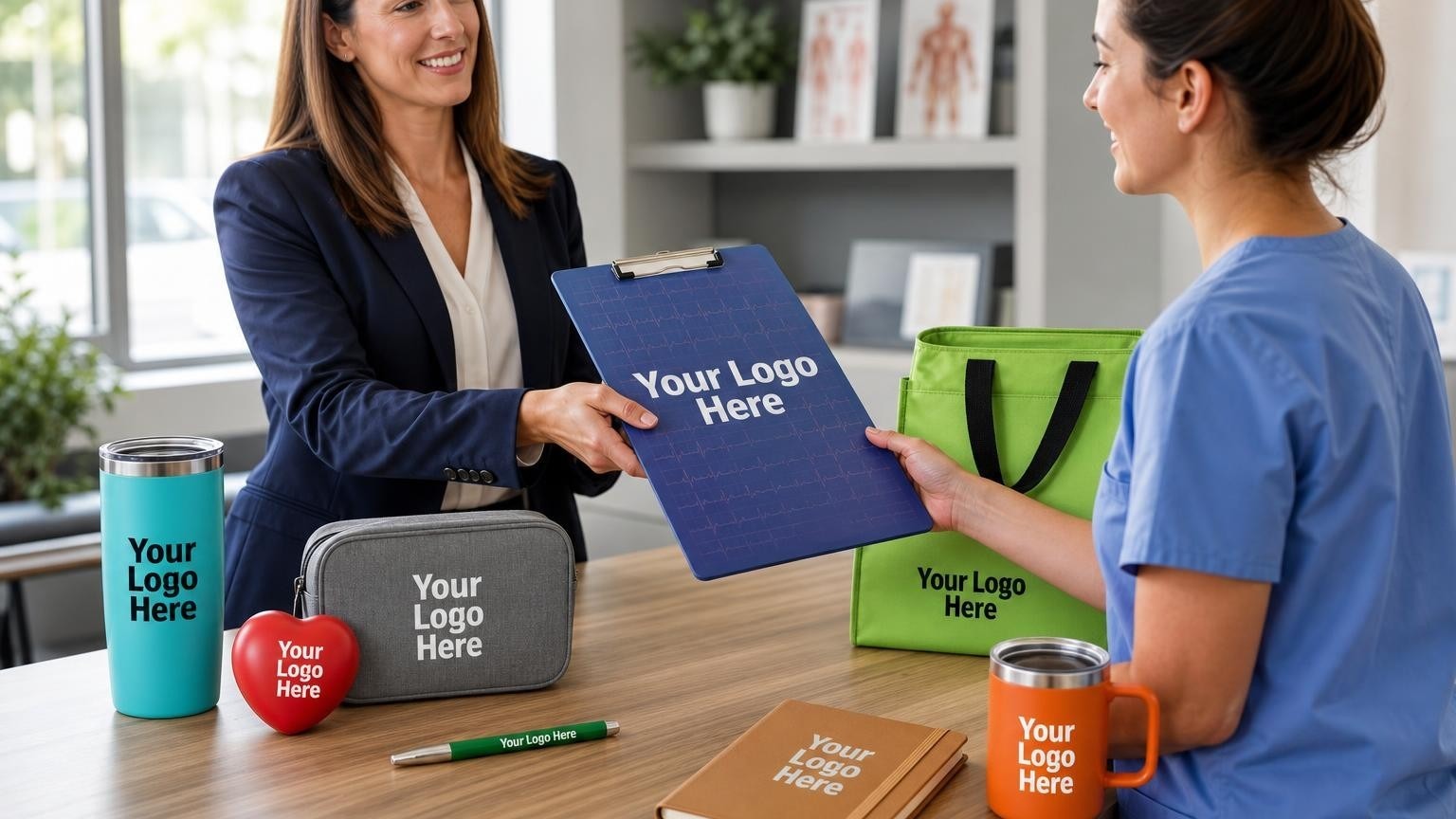 A custom clinical reference clipboard being presented to a primary care nurse in a medical office.