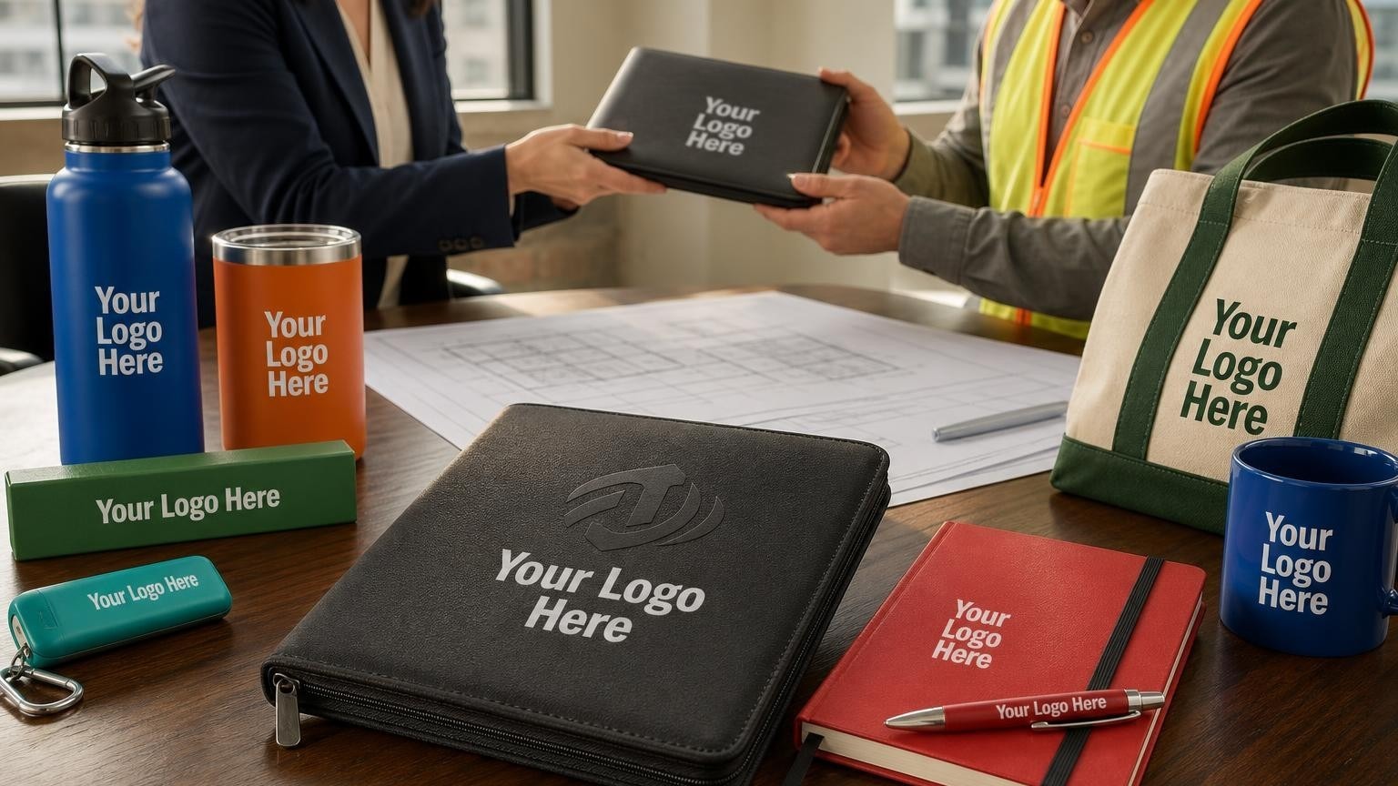 A professional zippered portfolio being handed to a local construction executive during a CTE advisory board meeting.