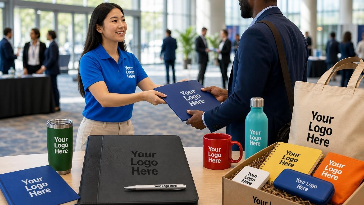 A professional executive padfolio and metal pen placed on a registration table at a career fair, representing high-quality organizer swag.