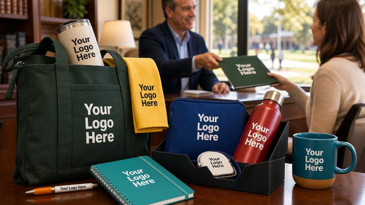 A high-quality custom welcome tote bag and travel mug on a principal's desk during school registration.