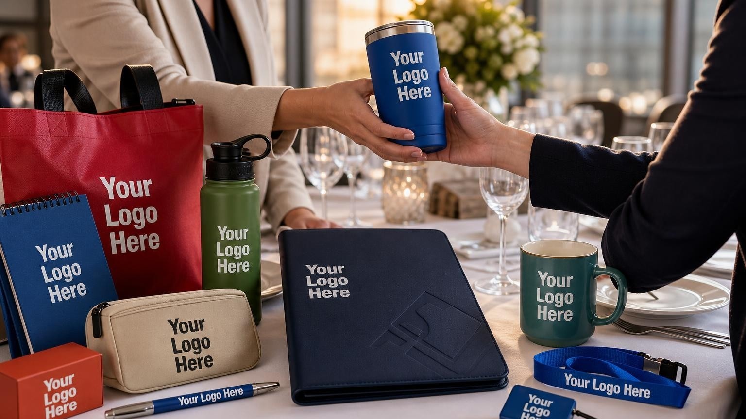 A custom navy blue portfolio being placed on a beautifully set banquet table before a Chamber of Commerce annual awards gala.