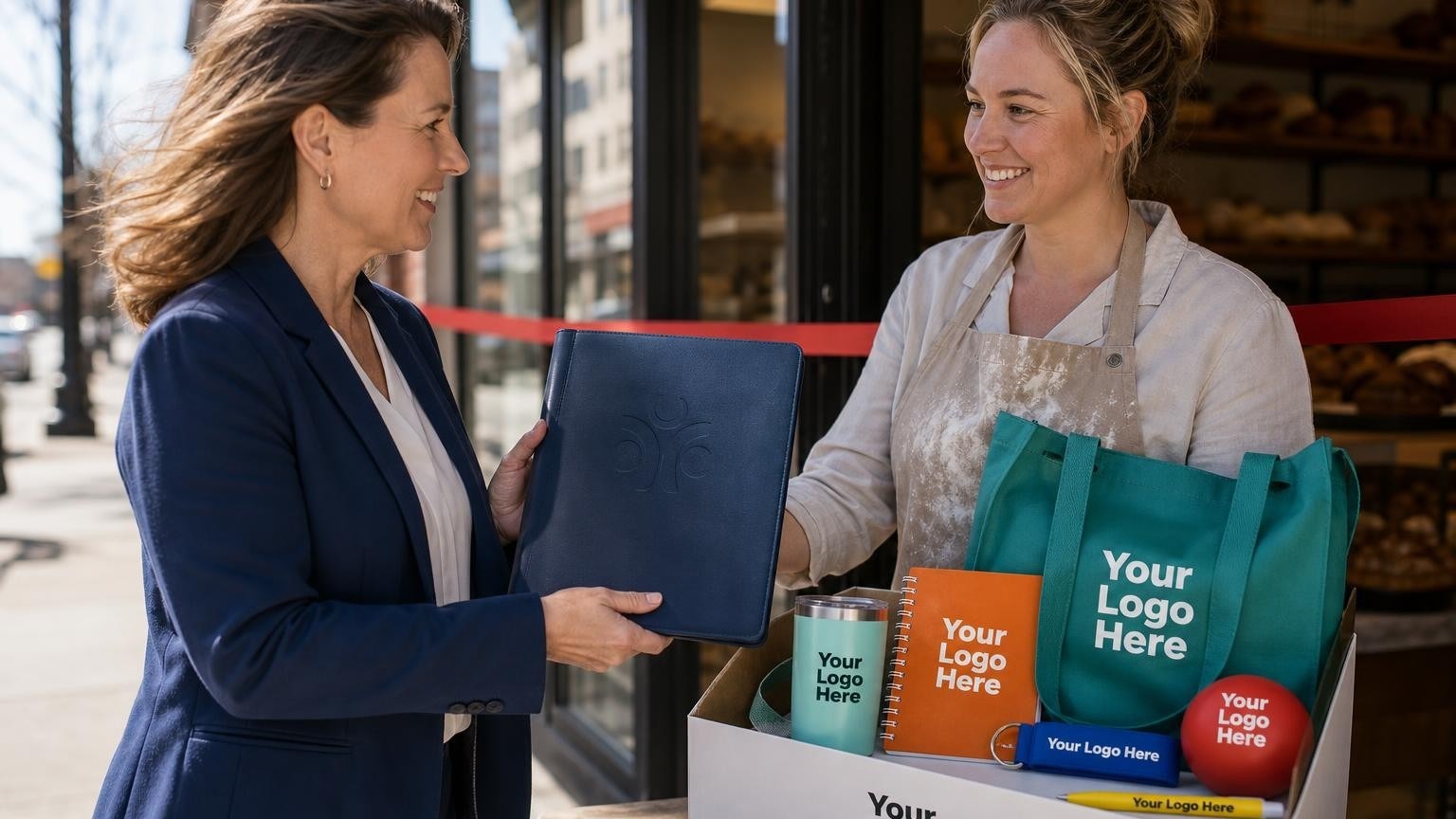 A Chamber president handing a professional debossed welcome folder to a new bakery owner during a ribbon-cutting ceremony on a Main Street sidewalk.