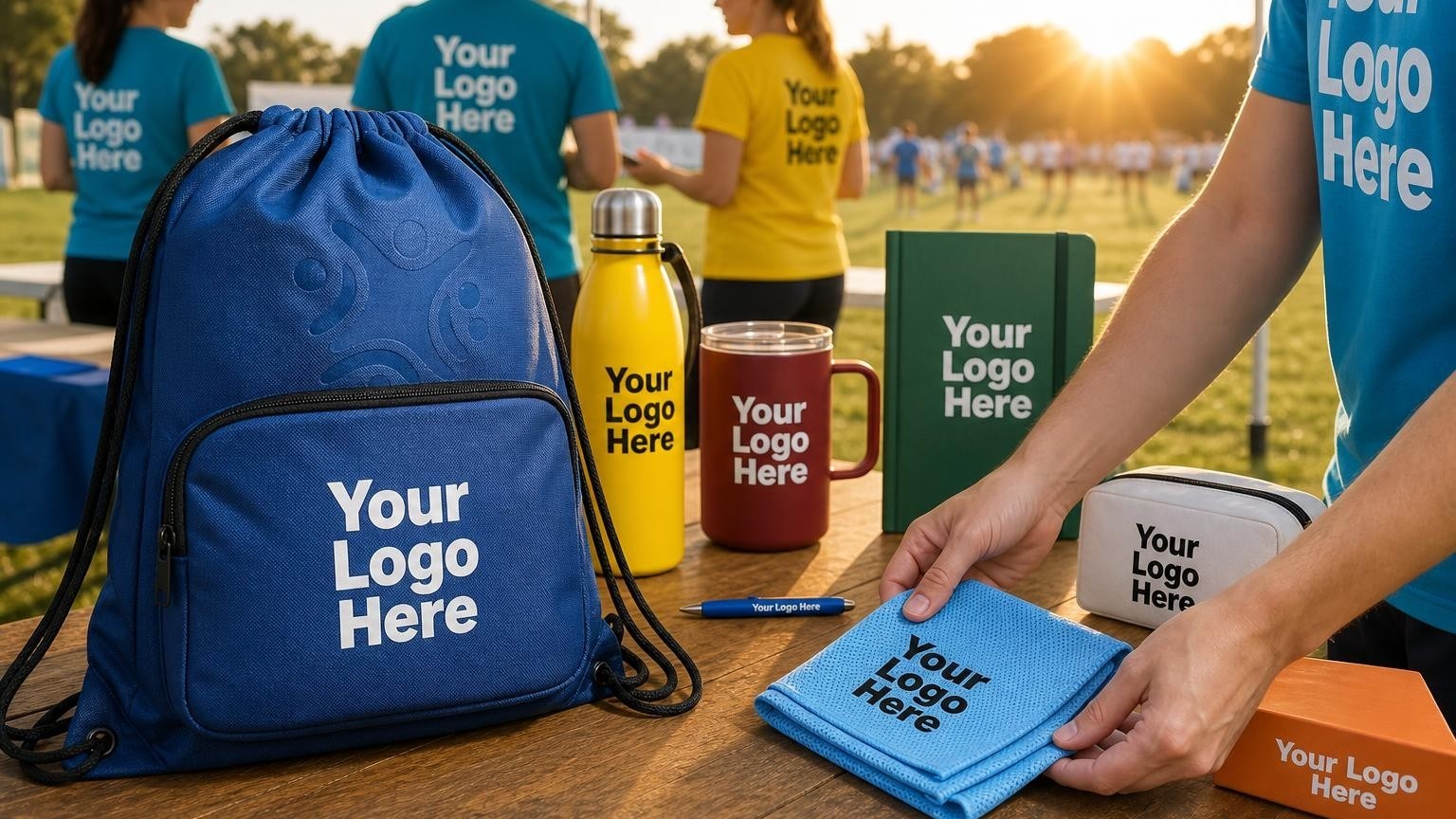 A custom drawstring bag and cooling towel arranged on a registration table at sunrise before a charity race.