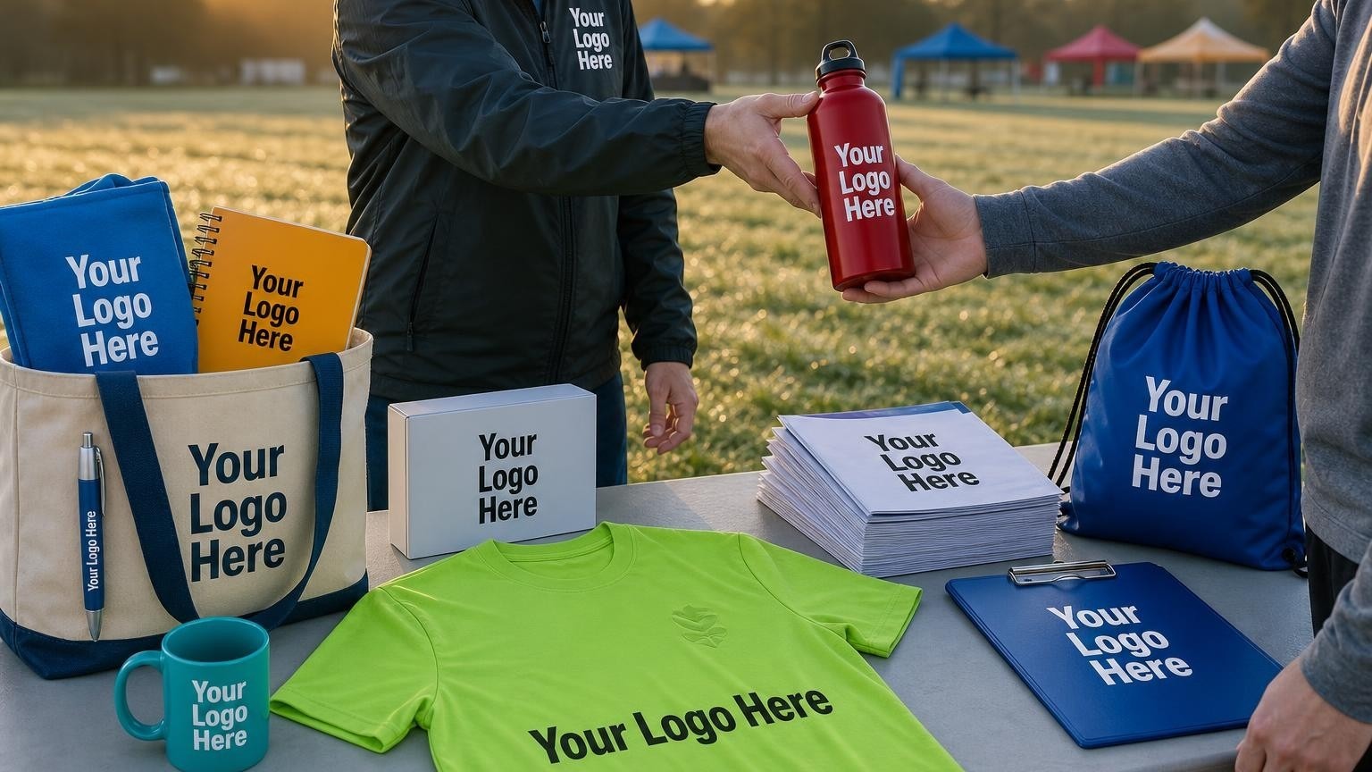 A custom neon volunteer t-shirt and registration packets laid out on a table during early morning setup for a charity run.