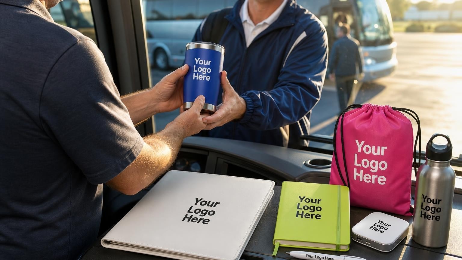 A high-quality insulated travel mug and travel folder on a charter bus dashboard as a school athletic director boards.