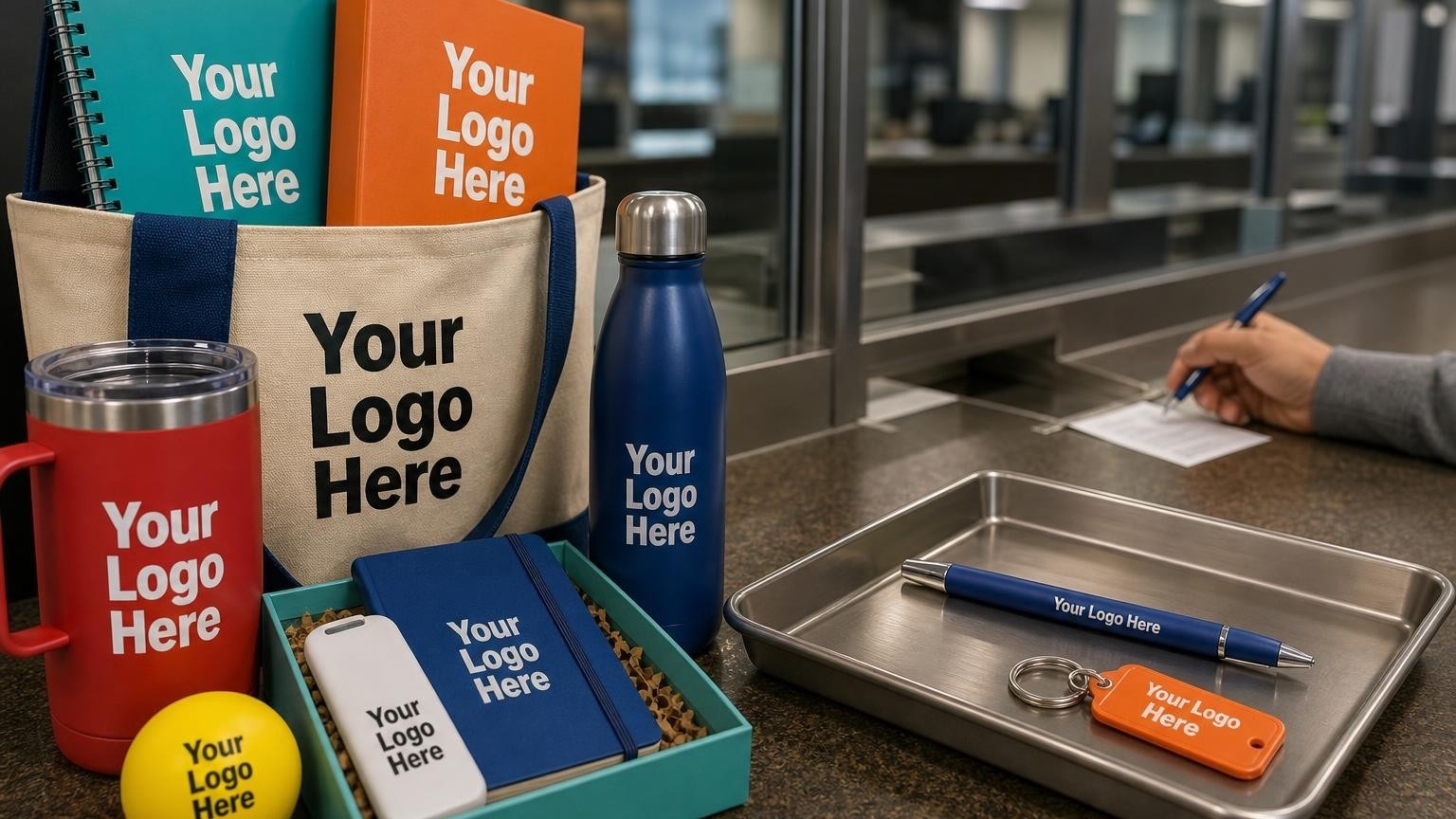 A custom economy pen and personalized key tag in a check cashing store transaction tray.