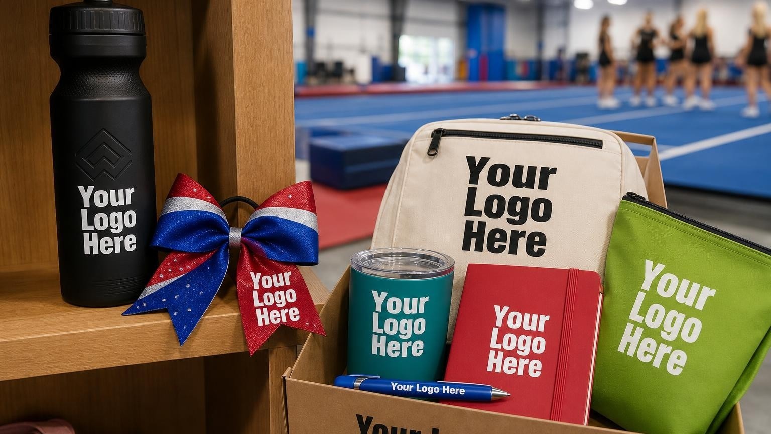 A custom sports water bottle and cheer bow resting on a gym cubby shelf with a blurred background of blue cheerleading mats.