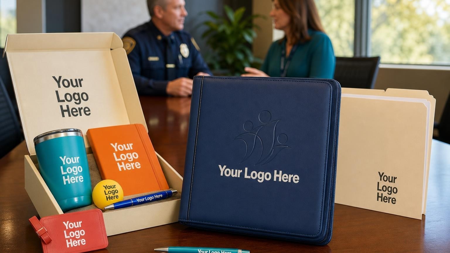 A professional custom zippered writing portfolio on a conference table during a multidisciplinary team meeting at a Child Advocacy Center.