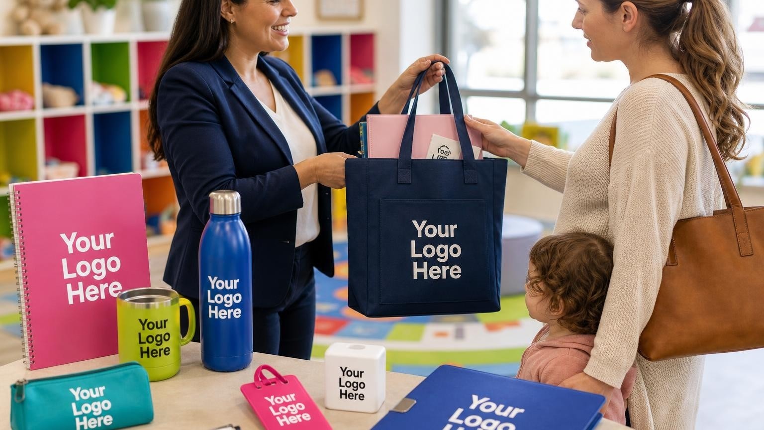 A child care center director handing a custom navy blue canvas welcome tote bag to a parent in a bright preschool lobby.